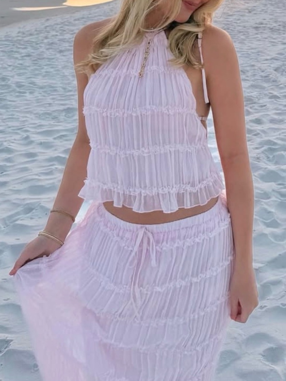 Light Pink Tiered Halter Top and Skirt Set